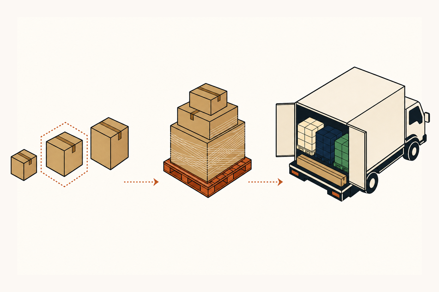 An axonometric three-stage pipeline: pick the right box, stack the pallet, load the truck