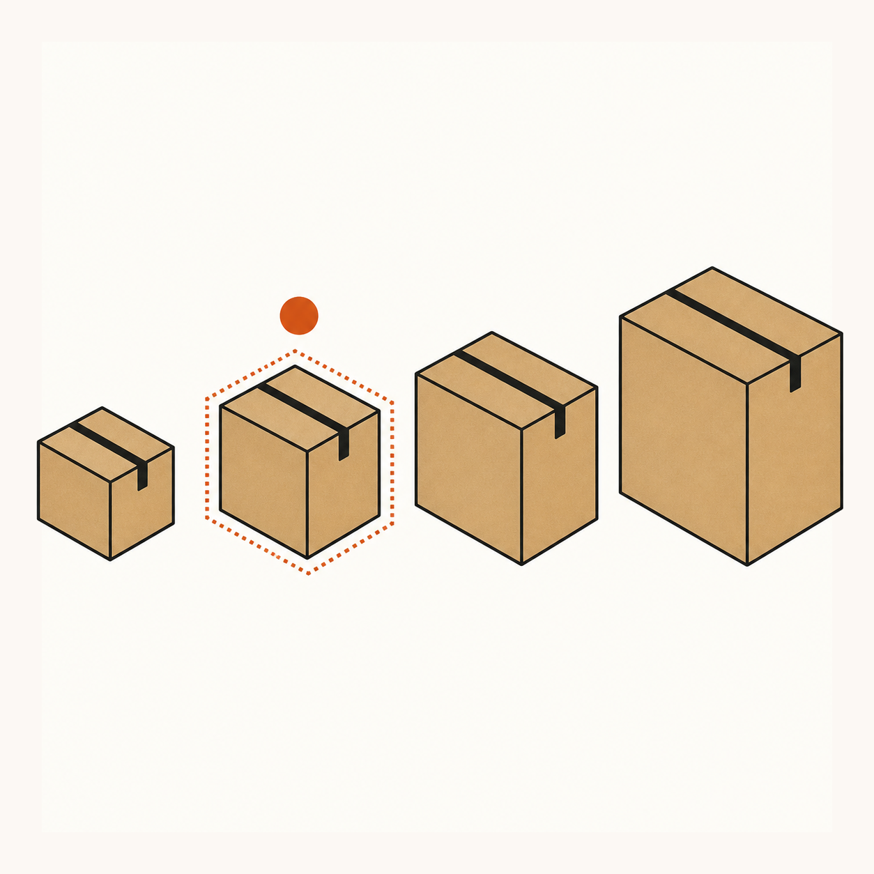 A row of cardboard boxes of escalating size, with the right-sized box highlighted