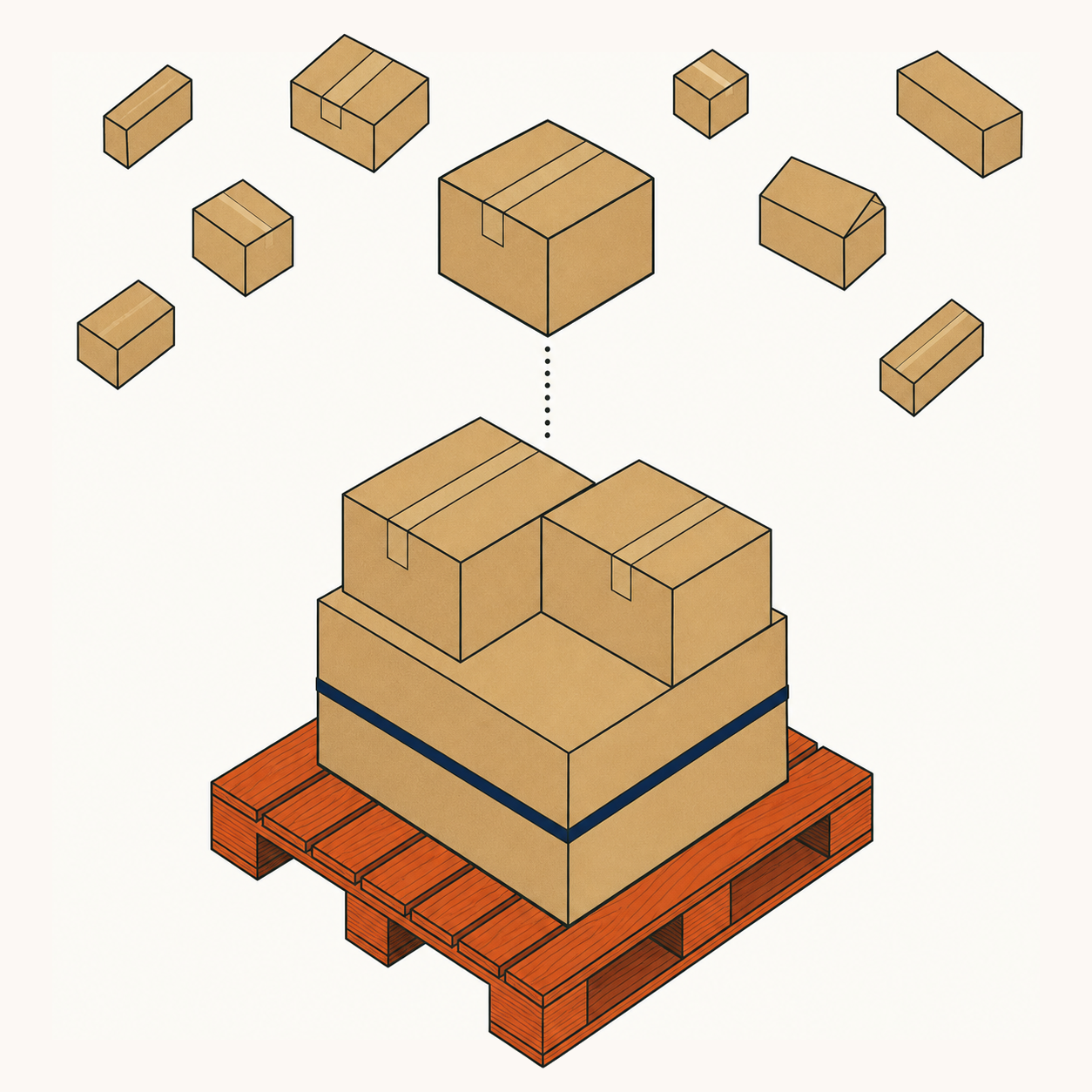 A wooden pallet with cardboard cartons being stacked on it in axonometric view