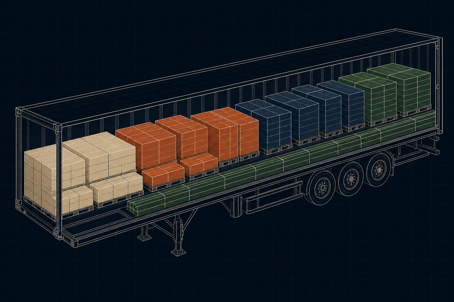 A blueprint-style axonometric view of a 53 ft dry van trailer interior, with color-coded pallets stacked inside and a long bundle along the floor