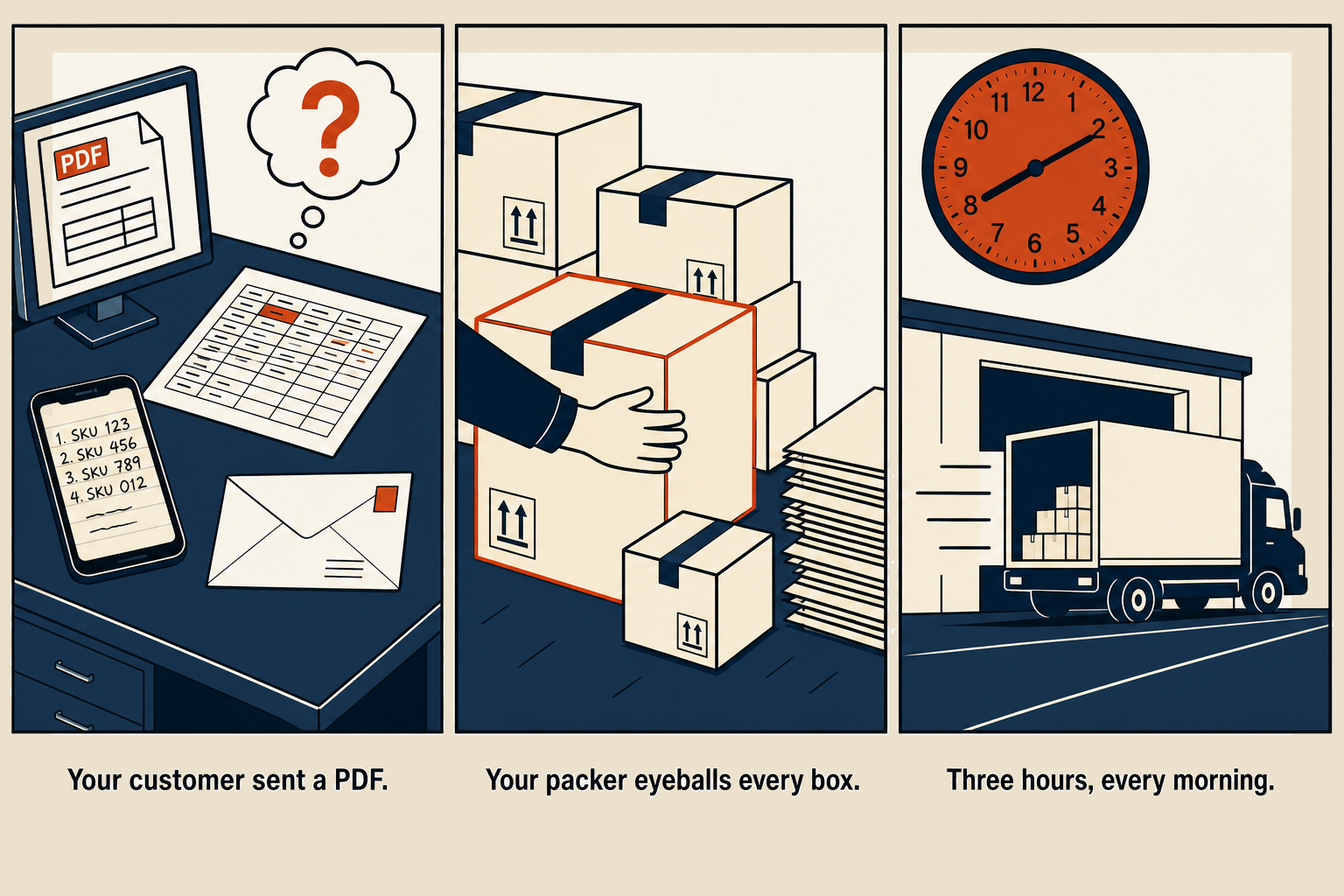 Three-panel comic of the 3PL morning problem