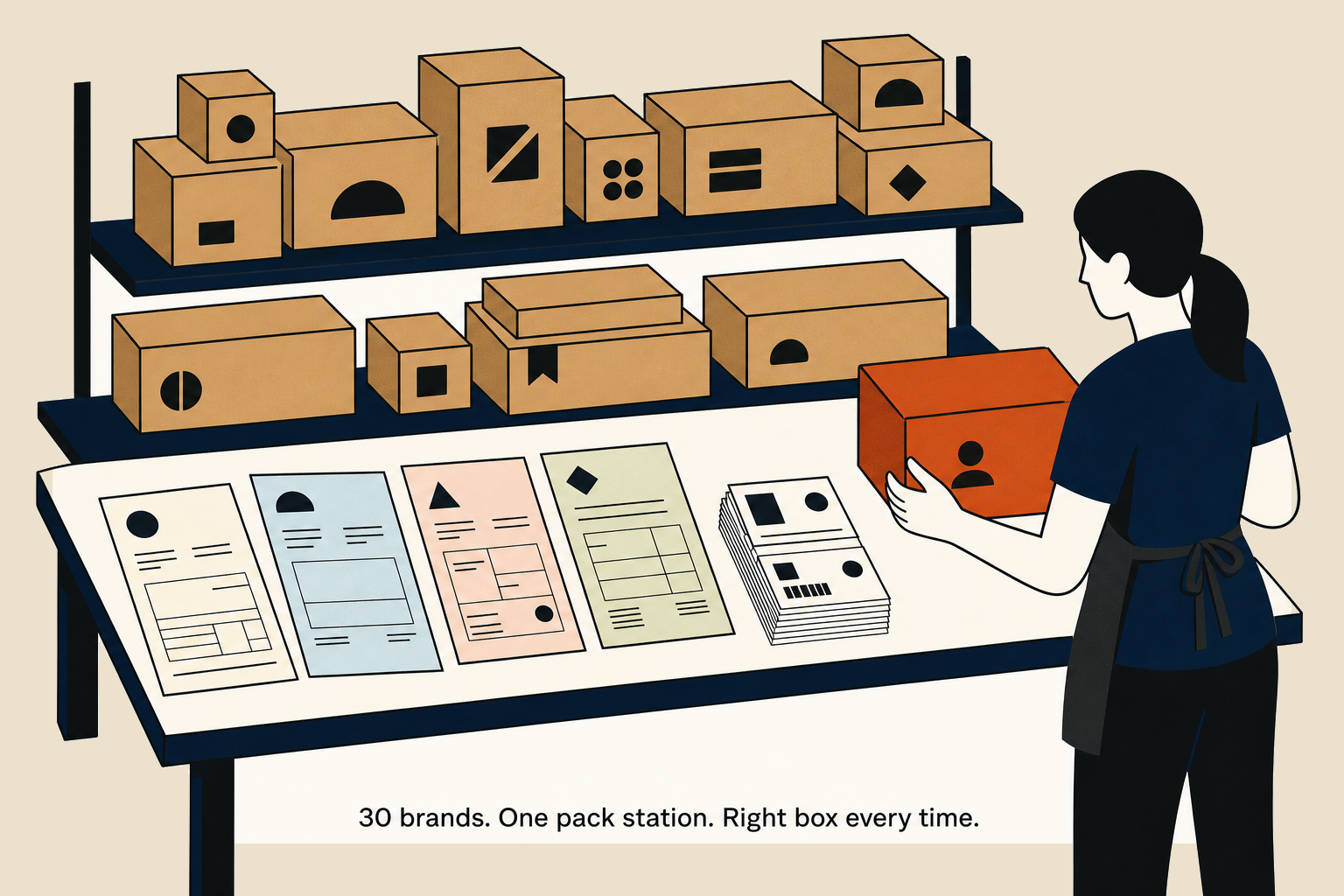 A fulfillment center packer at a station serving 30 DTC brands, picking the right box