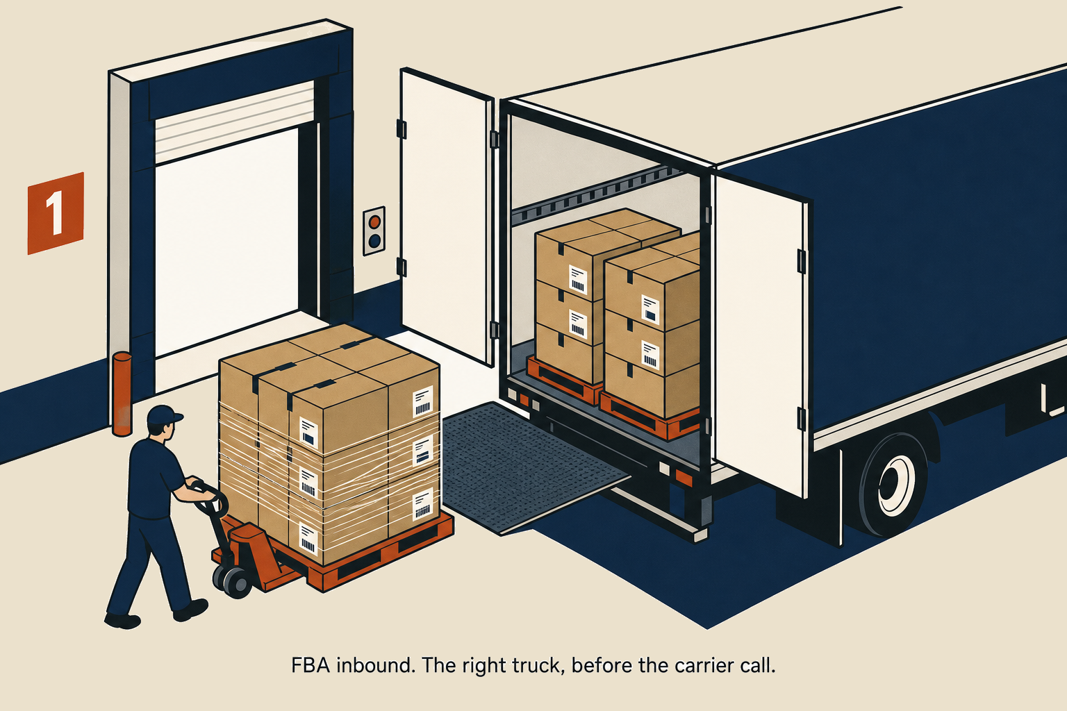 A pallet of cartons being loaded into a 26-foot box truck for FBA inbound restock